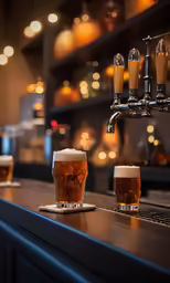 a row of beers sitting on top of a bar next to a laptop