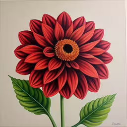 large flower on white with green leaves near the bottom,a red flower with green leaves on it,an original floral picture of a red flower,the painting on the wall has a large red flower in it,a large red flower with green leaves on it