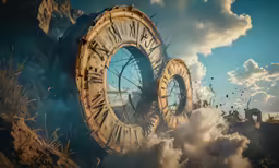 this is an image of a huge clock tower surrounded by clouds