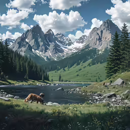 there is a bear sitting at the edge of a river in a field