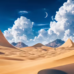 a desert with sand and blue sky with a half moon in the background