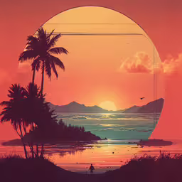 a man standing on top of a beach near palm trees,the sun is setting over an ocean with palm trees