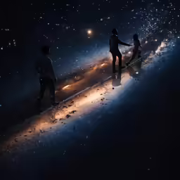 three people are standing on a road at night