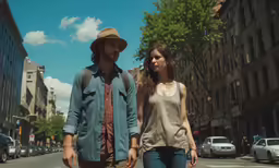 a man and woman walk on the street holding hands
