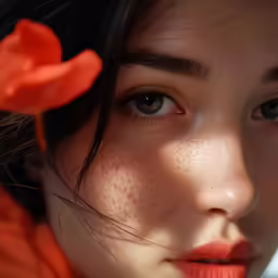 an image of a girl with freckles looking at the camera
