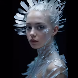 a woman with white hair wearing feathers in her hair