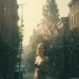 a woman standing in the middle of a busy street