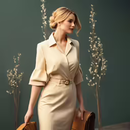woman with leather briefcase wearing a white dress