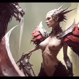 an artistic rendering of a female elf with a demon mask and wings