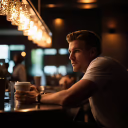 the young man is sitting at the bar with a mug in his hand