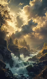 a river with rapids flowing underneath clouds