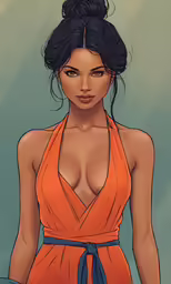 a woman in an orange dress with black hair