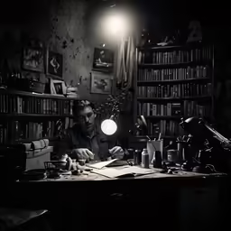 a person at a desk in a dark room with lights on