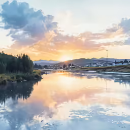 beautiful sky over a river and a village in the background