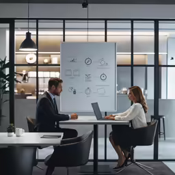 people sitting at a white table in front of a large poster