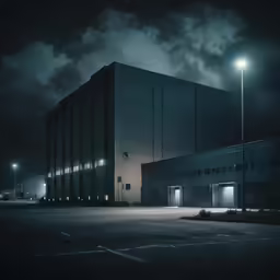 a parking lot in front of a tall building at night