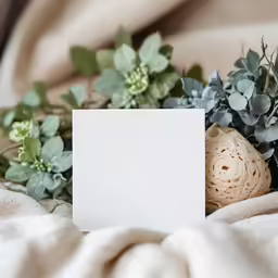 a corner of greeting card with an envelope, green plant and white envelope on the edge