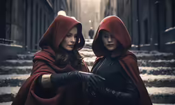 two girls in red coats and gloves standing on steps