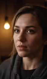 a beautiful woman in a black hoodie is staring into the distance