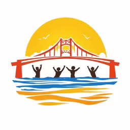 this is a drawing of people raising hands in front of a bridge