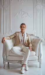 the girl is sitting on a chair with her legs crossed