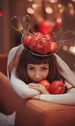 a woman with an anterope hat with apples in her hair