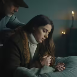 a woman laying in bed next to a man