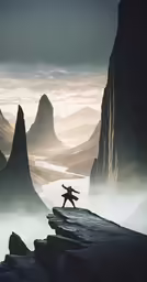 a man in the wilderness balancing on a stone bridge