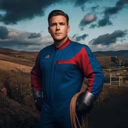 man in red and blue outfit in front of dark clouds