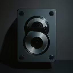 an image of a speaker in black with silver buttons