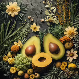 fresh fruit and flowers with yellow blooms around it