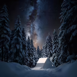 a snowy road leading to a cabin under the night sky