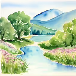a watercolor painting shows an image of a river,a watercolor drawing of a lake in a valley with a mountain,a drawing of a landscape in water,painting of water with trees and hills in the background,painting a landscape with flowers and trees near a river