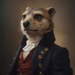 a stuffed animal in a suit and tie is staring