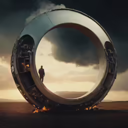 the person is walking through an enormous tire