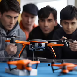a couple of men are looking at a small airplane