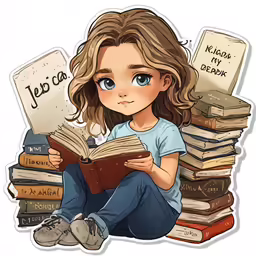 the character is sitting in front of a stack of books
