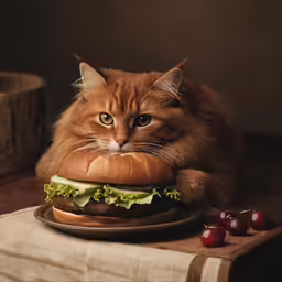 a cat sitting near a large hamburger and looking at the camera
