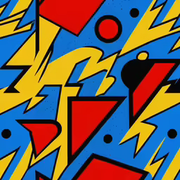 a painting of blue and red with a black and white stripe