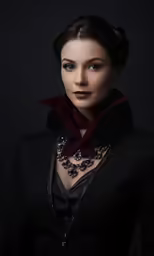 a woman in a black outfit is looking at the camera