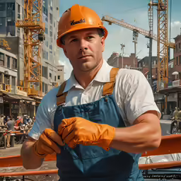 an adult in a safety helmet is standing in a city