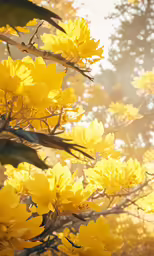 a group of yellow flowers with sunshine shining on them