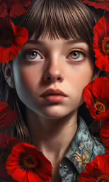 a young girl with a red flower crown around her neck