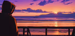 a person standing on a beach watching the sunset,a person looking out at the sunset on a beach