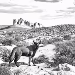 an adult black animal in the desert during the day