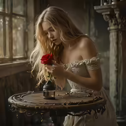 woman in dress holding rose on a table next to window