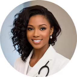 a woman in a white coat and her hair is styled and styled by elizabeth scott