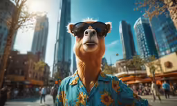 a man wearing sunglasses is in the middle of a city