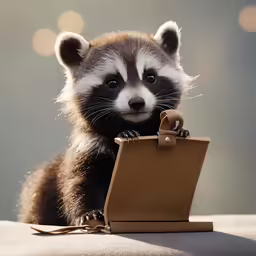 a raccoon looking around a board to write something