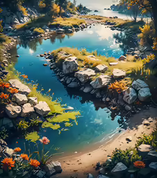 an aerial painting shows a small river running through a field